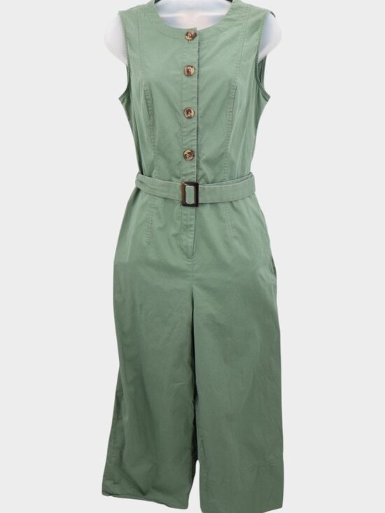 Gal Meets Glam Pants - Gal Meets Glam Leonie Green Sleeveless Belted Crop Wide Leg Jumpsuit Button Sz 6